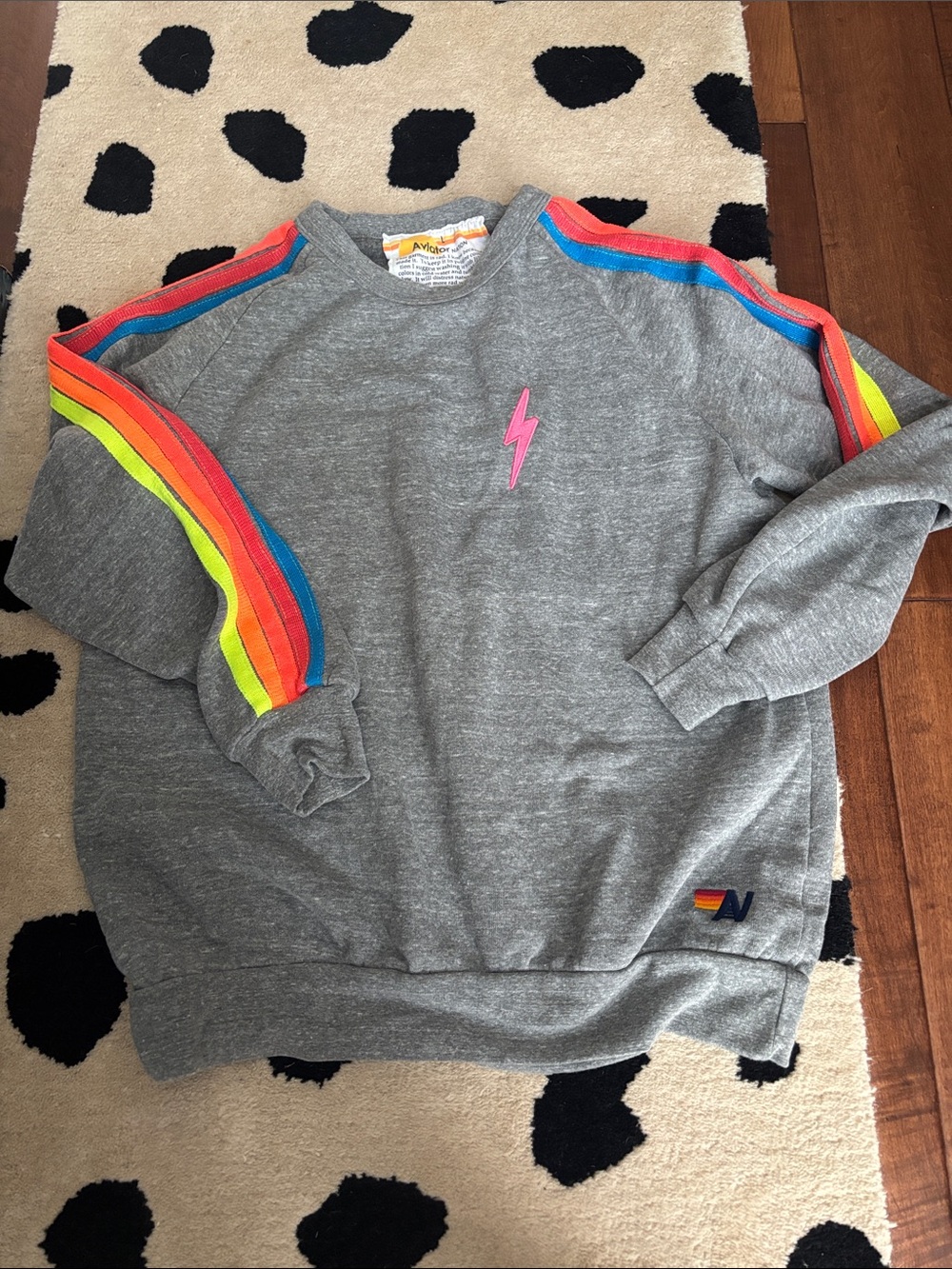 Gray Aviator Nation Crewneck Sweatshirt with Rainbow Stripe Accents size large